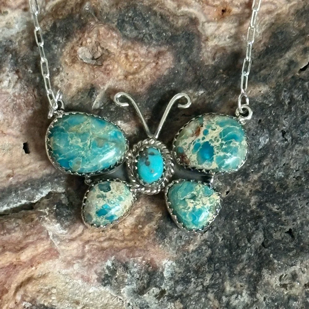 Turquoise & Sea Sediment Jasper Butterfly Southwestern Sterling Silver Necklace - Picture 9 of 9